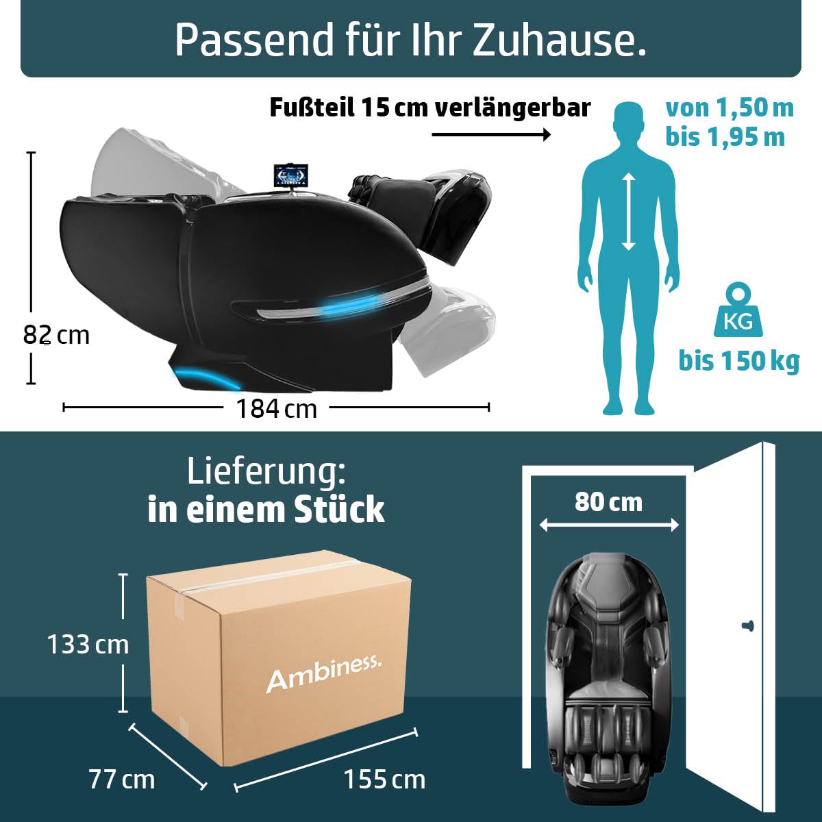 AMBINESS Massagesessel Relaxsessel YUNA | 60 Massageprogramme | deutsche Bediensprache | Zero Gravity-Funktion | 3D-Massagetechnologie Ganzkörpermassage + Wärmefunktion | Vitalwertmessung | Cognac