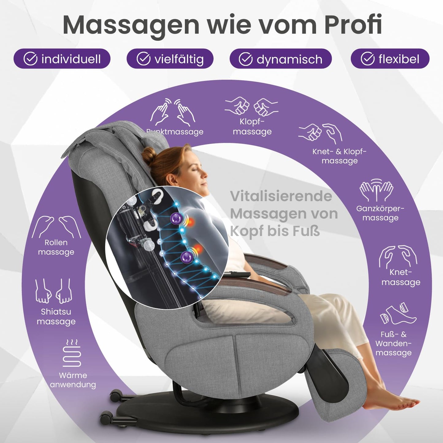 maxVitalis Shiatsu Massagesessel mit Wärmefunktion, Fernsehsessel rollbar, Drehbar, Relaxsessel elektrisch verstellbar, Shiatsu-Massage, 6 Massagearten & 6 Programme (Stoff Graumeliert)
