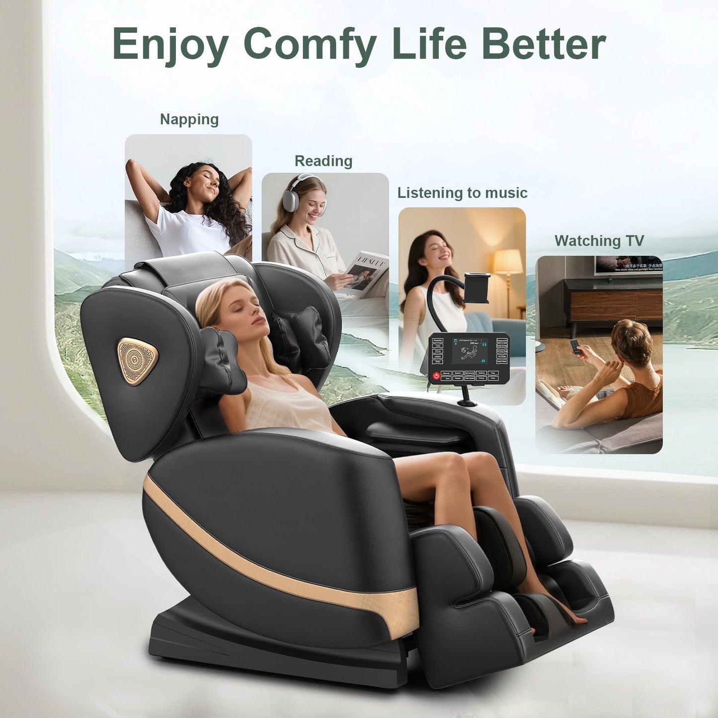Massagesessel Ganzkörper, Zero Gravity Relaxsessel Massagestühle mit Taillen- und Beinheizung, Komfort-Airbags, Fußrollen, 10 Massagerollen, Bluetooth-Lautsprecher, Fernbedienung