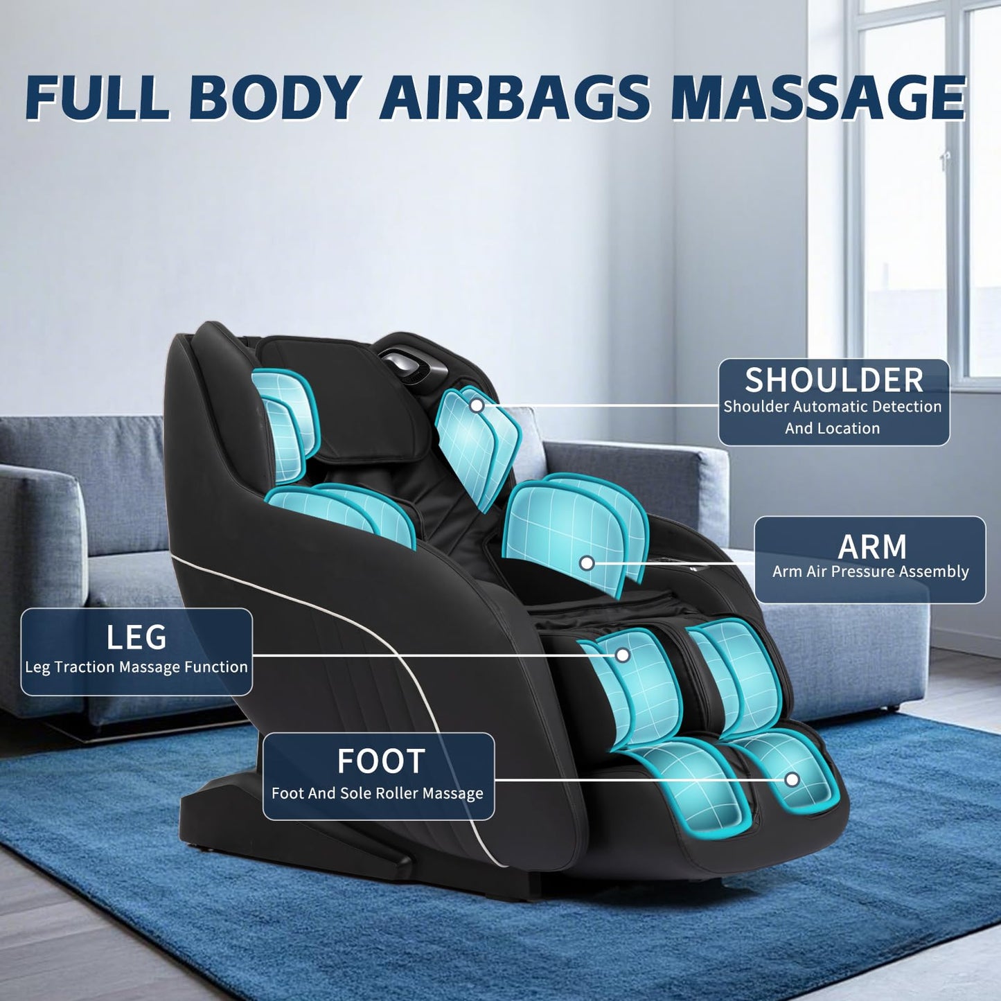 HealthRelife Massagestuhl mit Shiatsu Massagesessel Ganzkörpermassage Zero Gravity, Bluetooth, DIY Mode(Schwarz)
