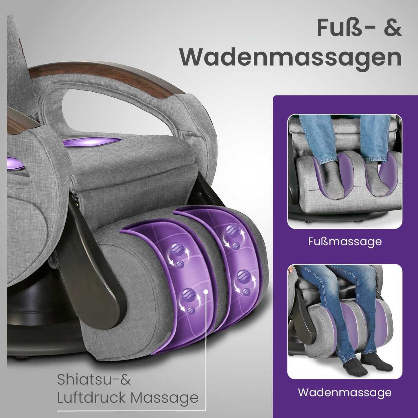 maxVitalis Shiatsu Massagesessel mit Wärmefunktion, Fernsehsessel rollbar, Drehbar, Relaxsessel elektrisch verstellbar, Shiatsu-Massage, 6 Massagearten & 6 Programme (Stoff Graumeliert)