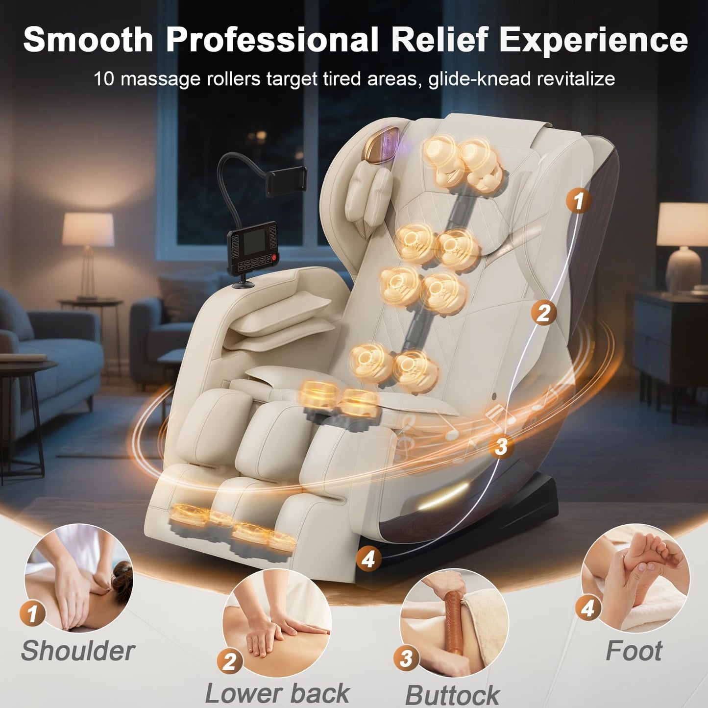 Ganzkörper Massagesessel mit 14 Massagerollen, 8 Airbags, Massagesessel mit Wärmefunktion-Beine und Taillenheizung, Bluetooth-Lautsprecher, Touchscreen-Controller, Zero-Gravity-Liegestuhl für Heimkino