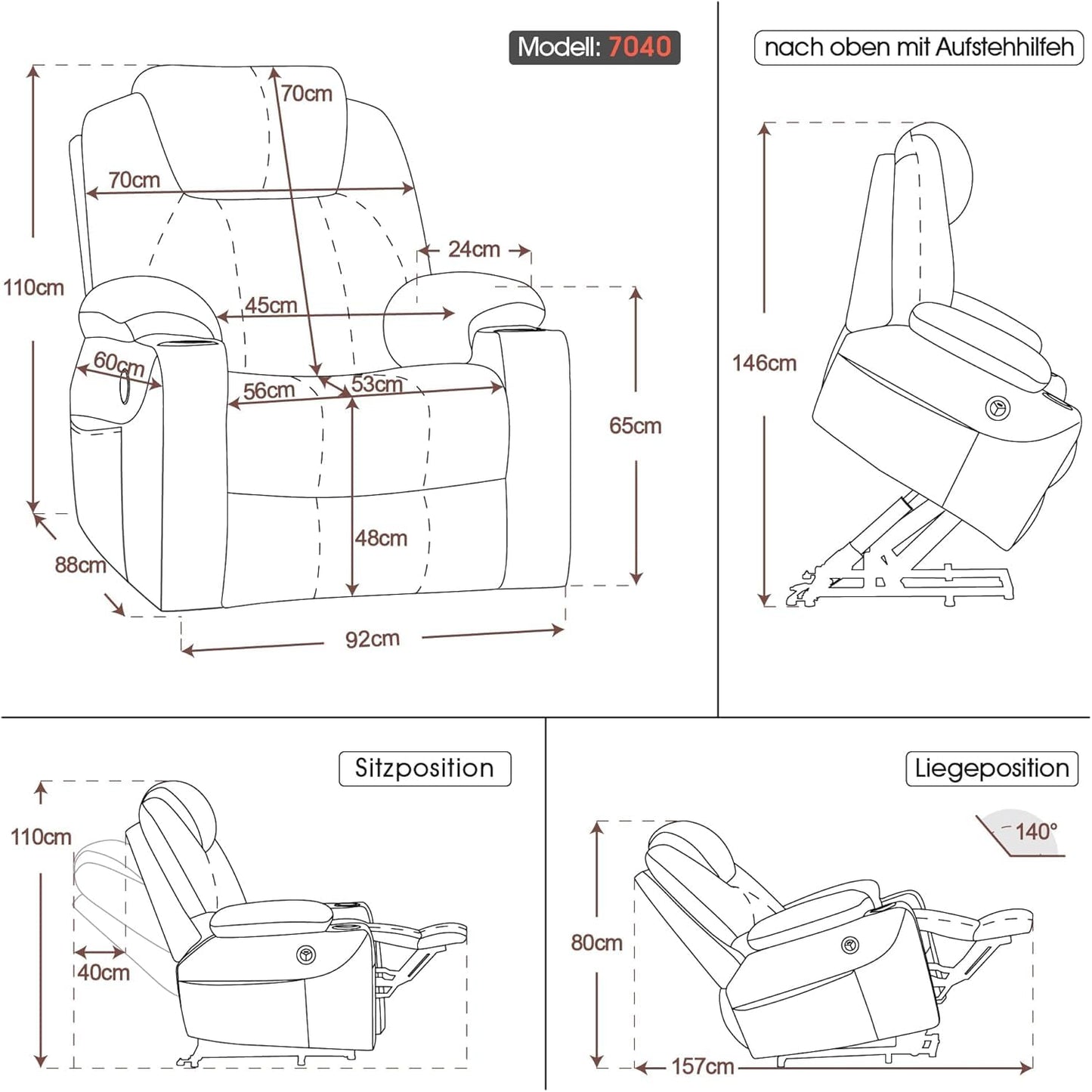 M MCombo Fernsehsessel mit Aufstehhilfe Elektrisch, Relaxsessel mit Liegefunktion bis 140°, Sessel mit Aufstehhilfe, mit Massage & Heizung, Knopf & Fernbedienung Verstellbar, 7040 (Stoff, Beige)