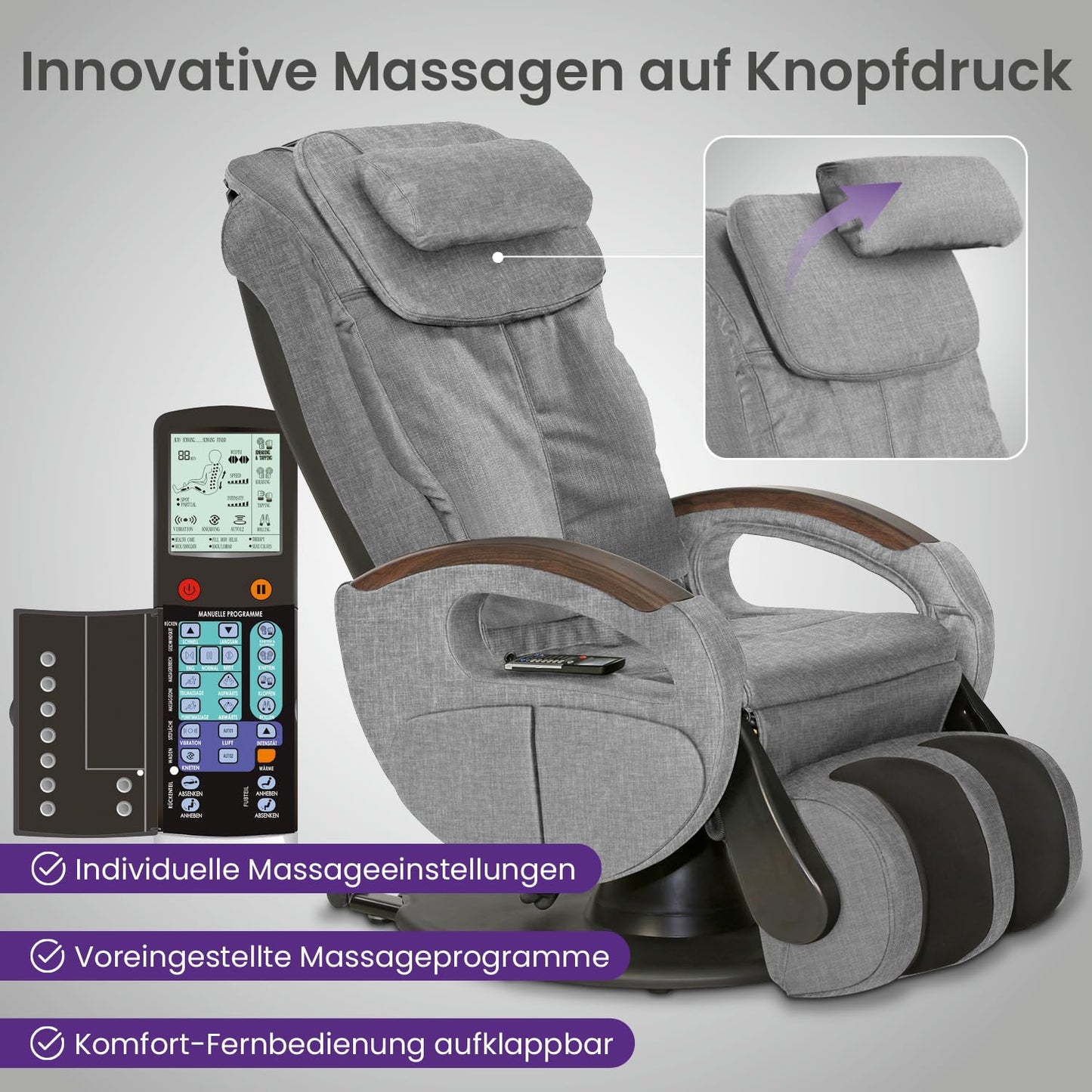 maxVitalis Shiatsu Massagesessel mit Wärmefunktion, Fernsehsessel rollbar, Drehbar, Relaxsessel elektrisch verstellbar, Shiatsu-Massage, 6 Massagearten & 6 Programme (Stoff Graumeliert)