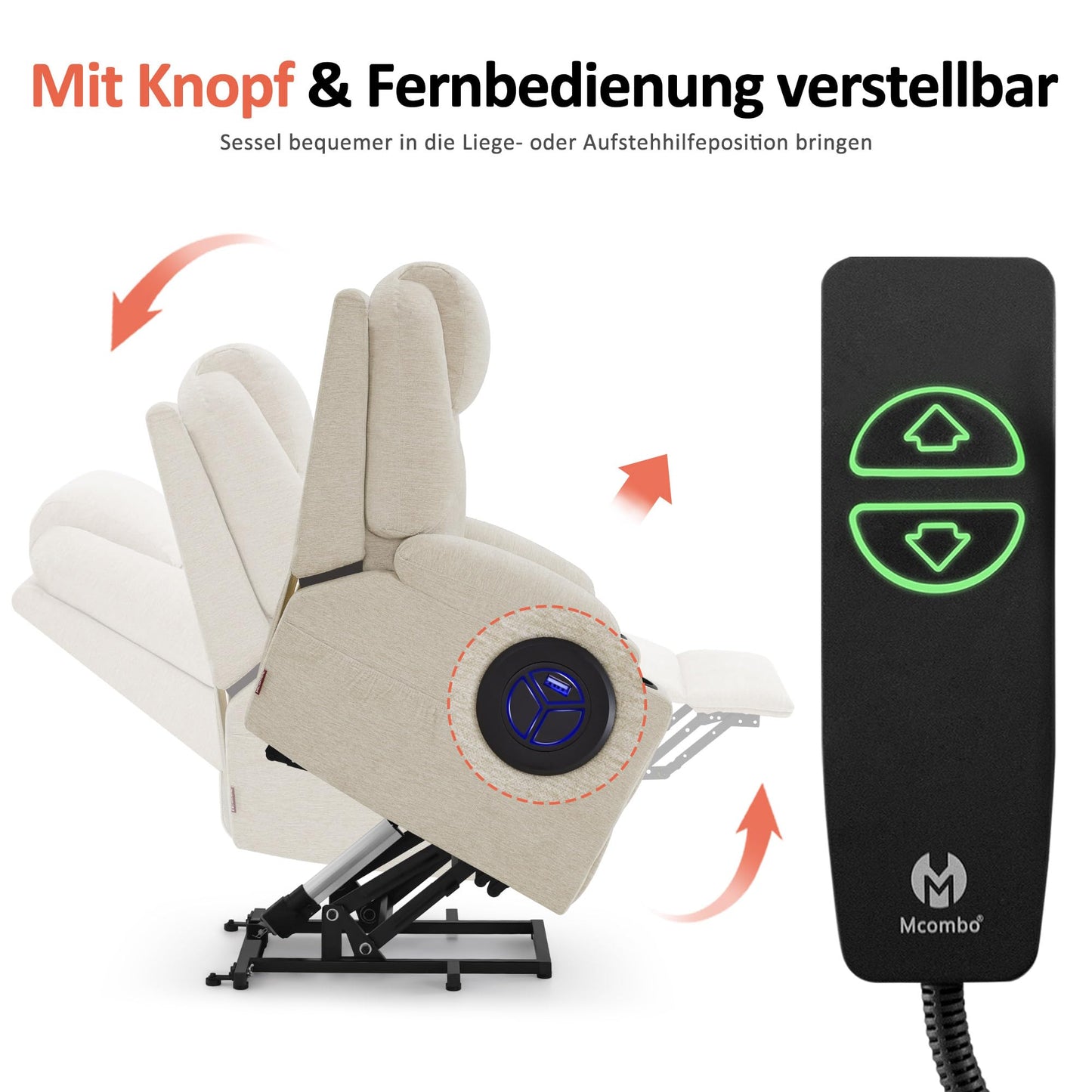 M MCombo Fernsehsessel mit Aufstehhilfe Elektrisch, Relaxsessel mit Liegefunktion bis 140°, Sessel mit Aufstehhilfe, mit Massage & Heizung, Knopf & Fernbedienung Verstellbar, 7040 (Stoff, Beige)
