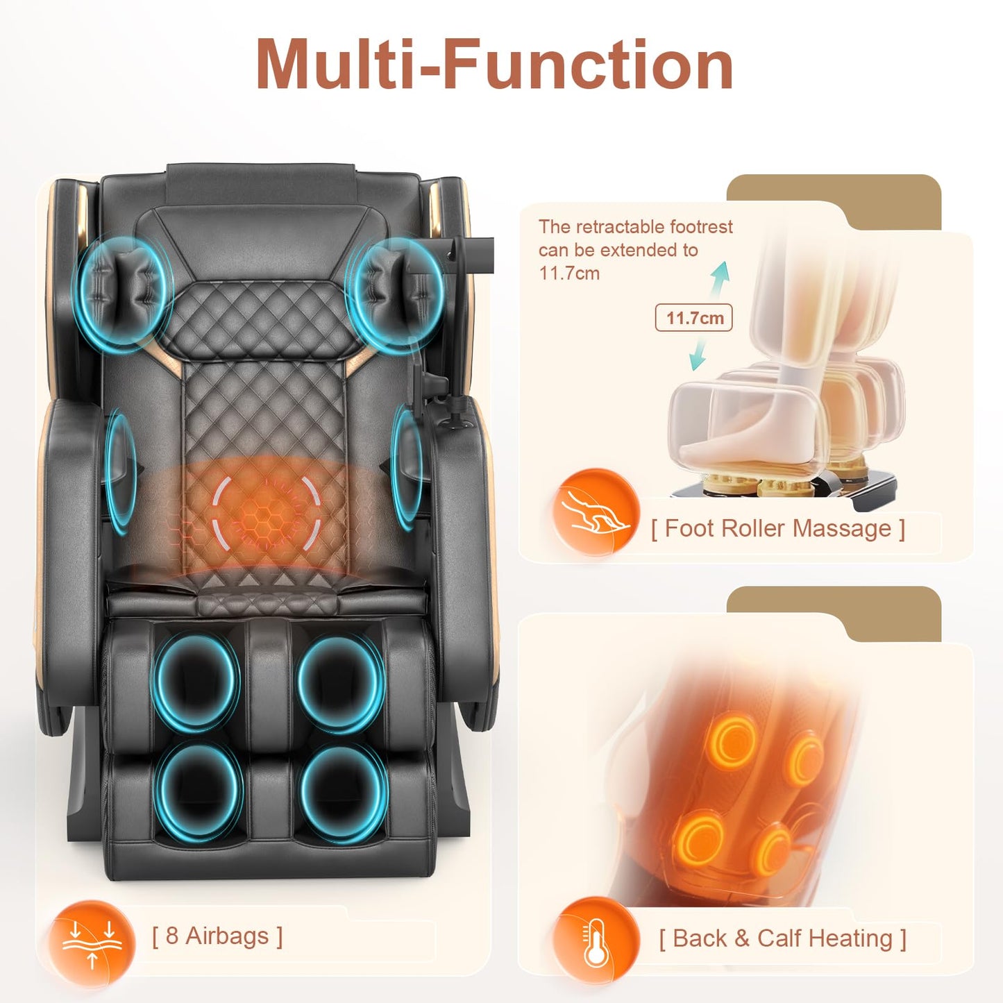 NAGLIFOR Massagesessel,Ganzkörper-Massagestuhl, 14 Massagerollen, Rücken- und Beinheizung, Fußmassage, 8 Airbags, Bluetooth-Lautsprecher, Touch-Fernbedienung für Familie und Freunde