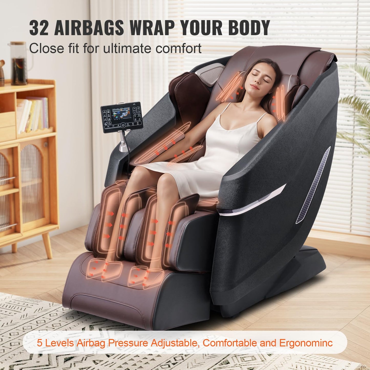 VEVOR Massagesessel mit Flexibler SL-Schiene, 3D-Ganzkörper-Shiatsu-Massagegerät, Schwerelosigkeit, 10 bis 18 Automatikmodi, Heizung, Bluetooth-Lautsprecher, Luftkissen und Touchscreen 160 kg