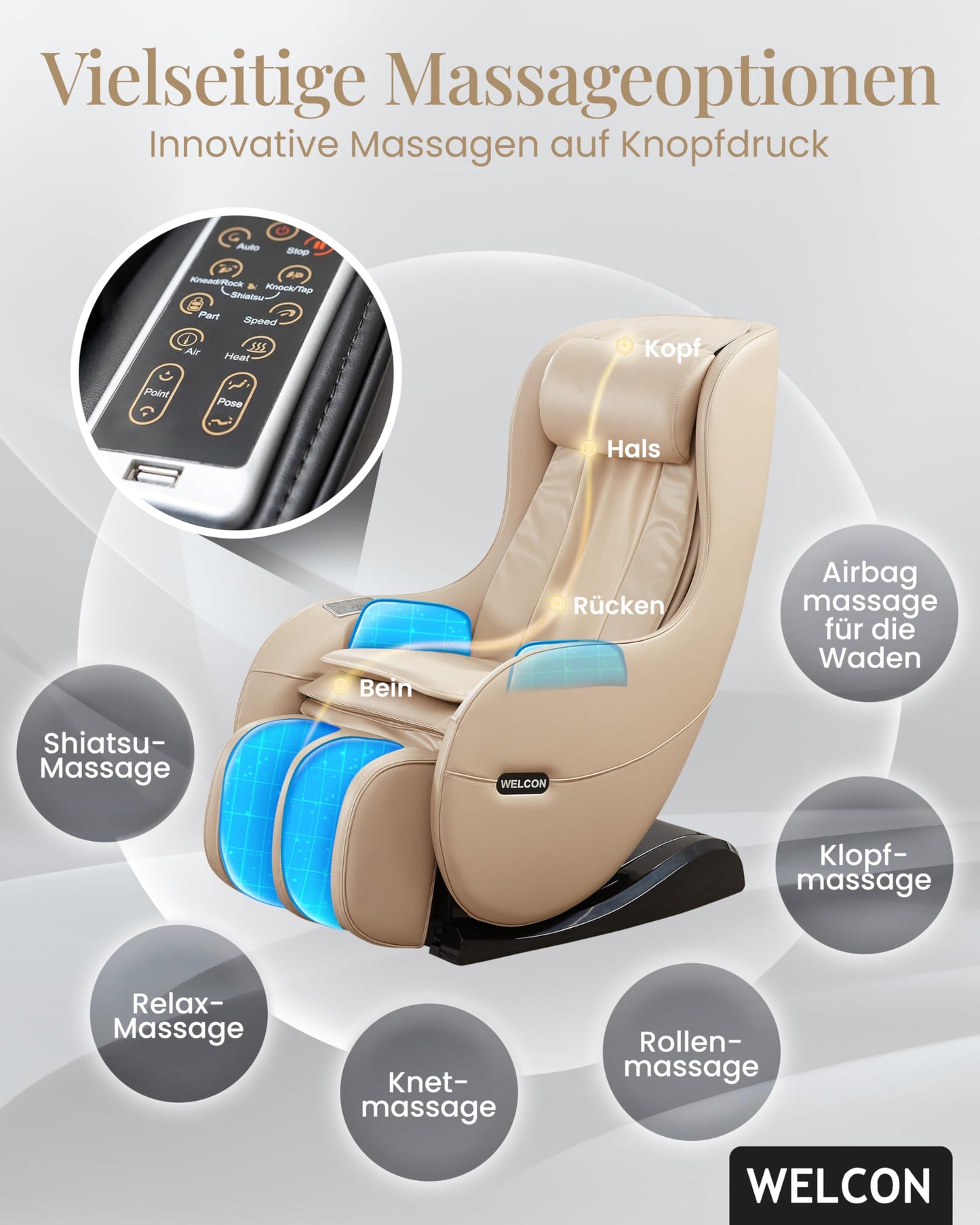 WELCON Massagesessel EASYRELAXX BEIGE - 3D Massagestuhl mit Neigungsverstellung elektrisch, Automatikprogramme Knetmassage Klopfmassage Rollenmassage Airbagmassage Sessel Massagestuhl