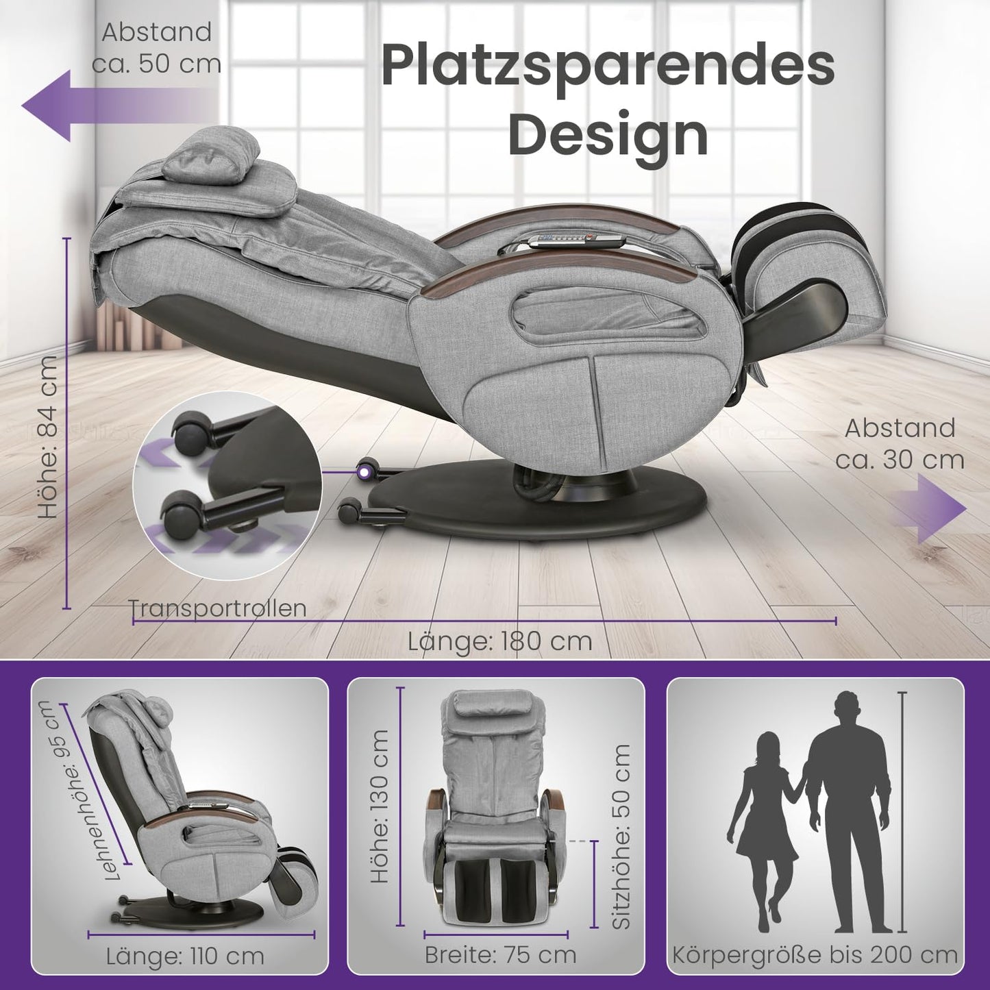 maxVitalis Shiatsu Massagesessel mit Wärmefunktion, Fernsehsessel rollbar, Drehbar, Relaxsessel elektrisch verstellbar, Shiatsu-Massage, 6 Massagearten & 6 Programme (Stoff Graumeliert)