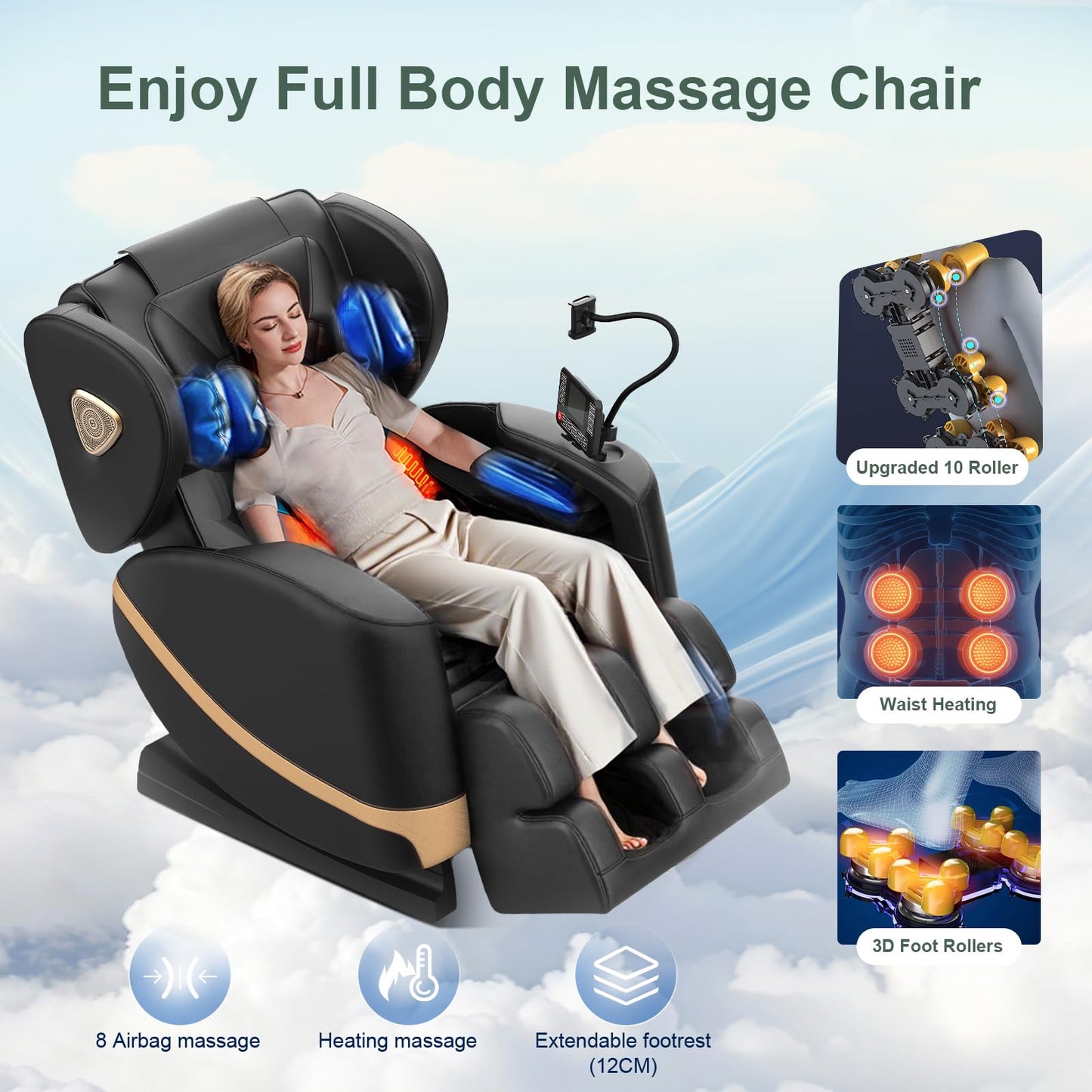 Massagesessel Ganzkörper, Zero Gravity Relaxsessel Massagestühle mit Taillen- und Beinheizung, Komfort-Airbags, Fußrollen, 10 Massagerollen, Bluetooth-Lautsprecher, Fernbedienung