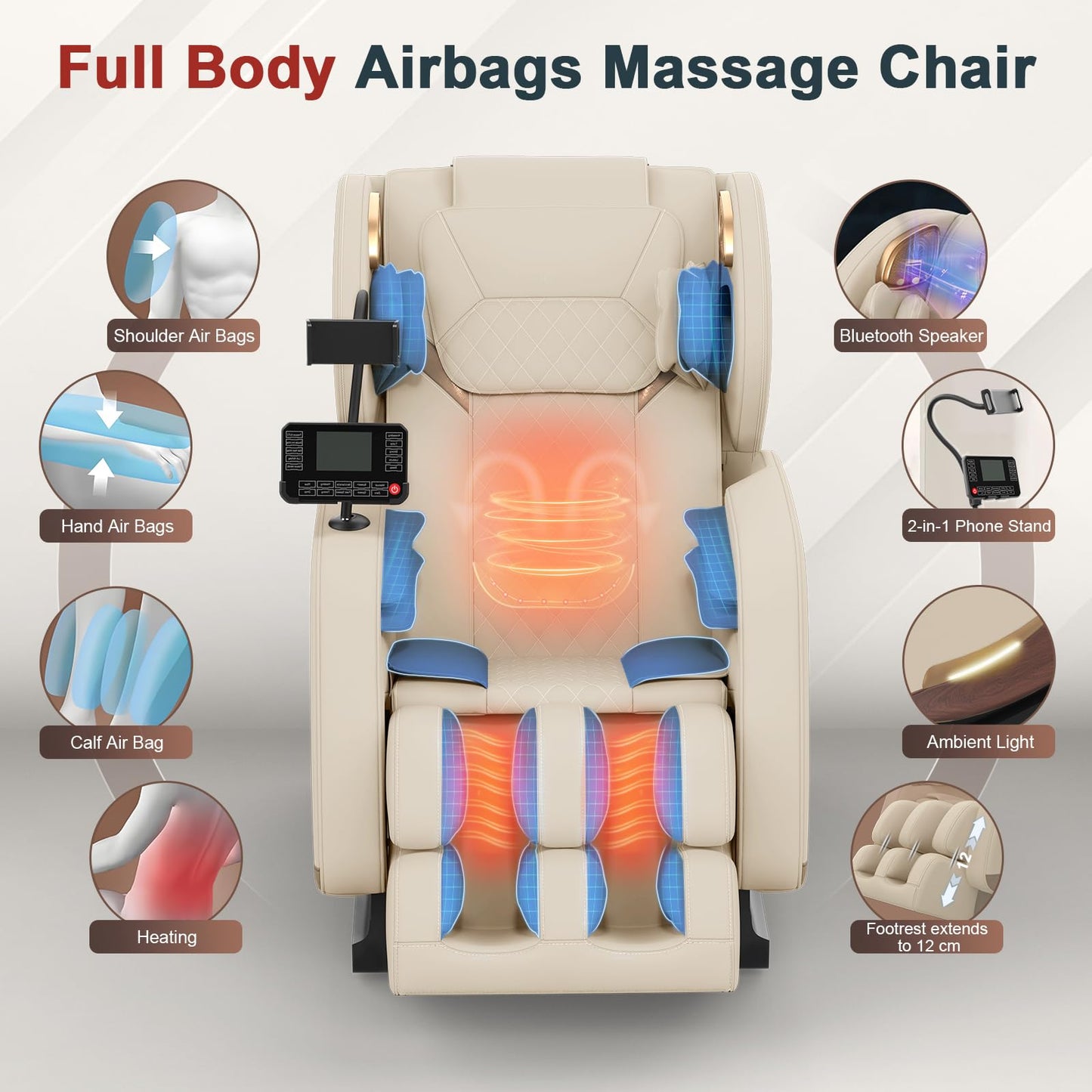 Ganzkörper Massagesessel mit 14 Massagerollen, 8 Airbags, Massagesessel mit Wärmefunktion-Beine und Taillenheizung, Bluetooth-Lautsprecher, Touchscreen-Controller, Zero-Gravity-Liegestuhl für Heimkino