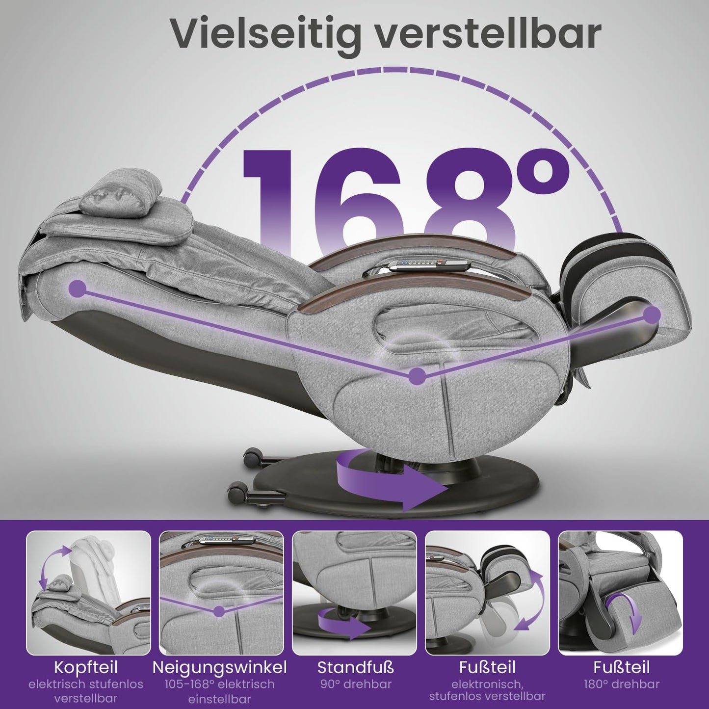 maxVitalis Shiatsu Massagesessel mit Wärmefunktion, Fernsehsessel rollbar, Drehbar, Relaxsessel elektrisch verstellbar, Shiatsu-Massage, 6 Massagearten & 6 Programme (Stoff Graumeliert)