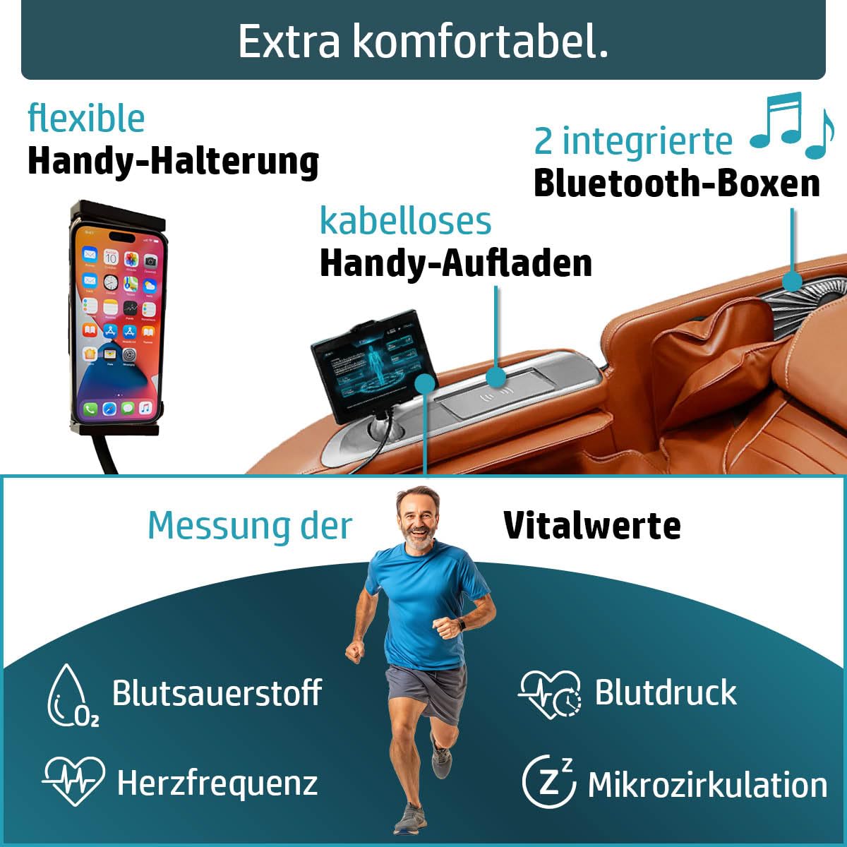 AMBINESS Massagesessel Relaxsessel YUNA | 60 Massageprogramme | deutsche Bediensprache | Zero Gravity-Funktion | 3D-Massagetechnologie Ganzkörpermassage + Wärmefunktion | Vitalwertmessung | Cognac