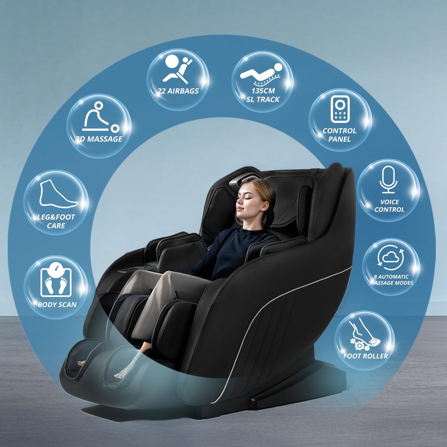 HealthRelife Massagestuhl mit Shiatsu Massagesessel Ganzkörpermassage Zero Gravity, Bluetooth, DIY Mode(Schwarz)