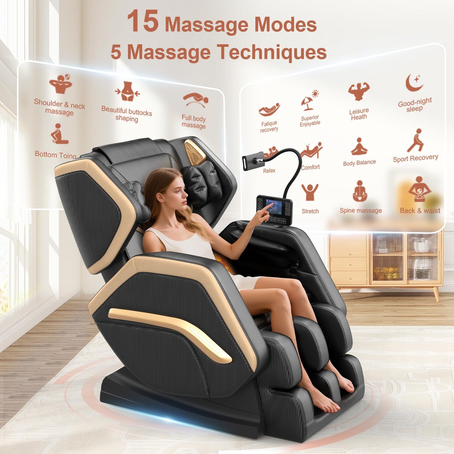 NAGLIFOR Massagesessel,Ganzkörper-Massagestuhl, 14 Massagerollen, Rücken- und Beinheizung, Fußmassage, 8 Airbags, Bluetooth-Lautsprecher, Touch-Fernbedienung für Familie und Freunde