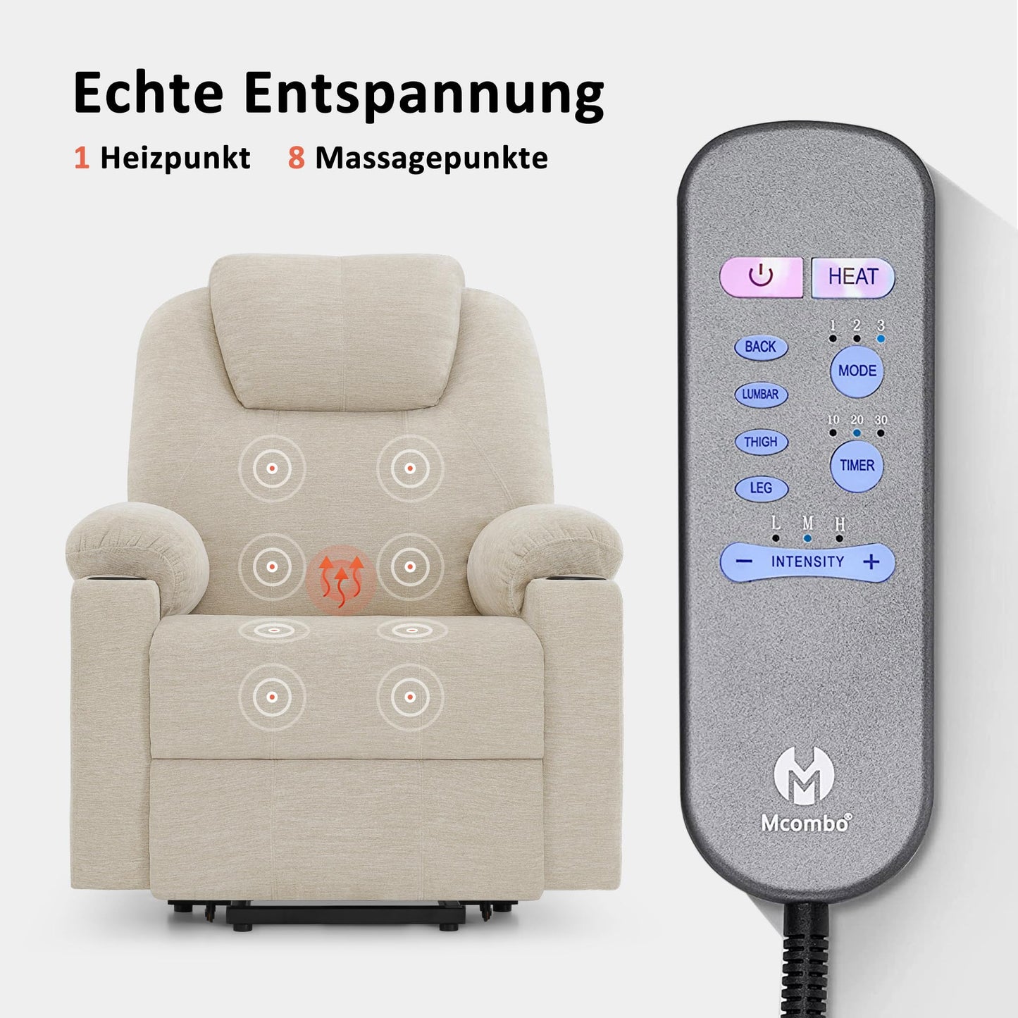 M MCombo Fernsehsessel mit Aufstehhilfe Elektrisch, Relaxsessel mit Liegefunktion bis 140°, Sessel mit Aufstehhilfe, mit Massage & Heizung, Knopf & Fernbedienung Verstellbar, 7040 (Stoff, Beige)