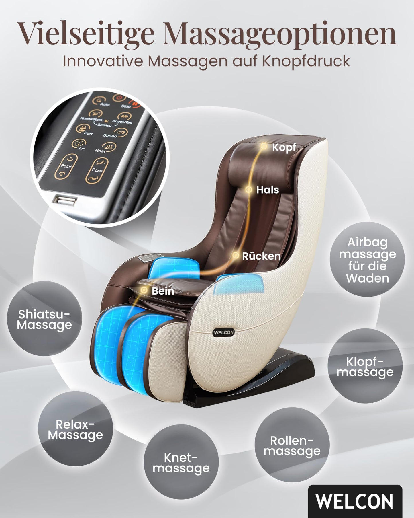 WELCON Massagesessel EASYRELAXX in beige braun mit Automatikprogrammen sowie manueller 3D Massage vom Nacken bis unter die Oberschenkel