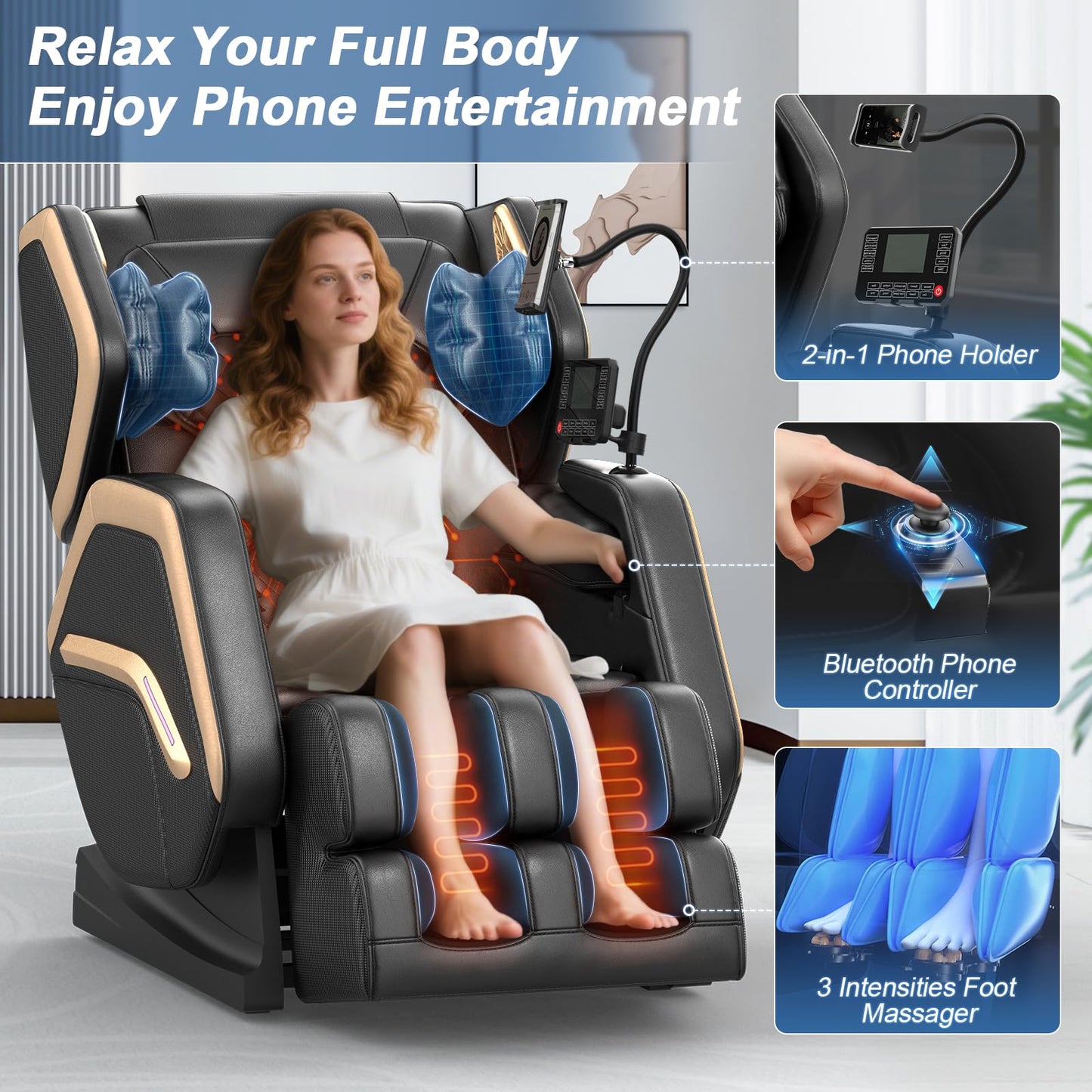 NAGLIFOR Massagesessel, Ganzkörper-Massagestuhl mit 14 Rollen, 8 Airbags Massage, Heizfunktion, Fußmassage, Bluetooth-Lautsprecher, Touch-Fernbedienung