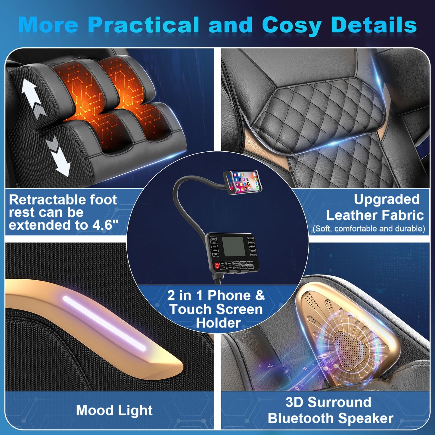 NAGLIFOR Massagesessel, Ganzkörper-Massagestuhl mit 14 Rollen, 8 Airbags Massage, Heizfunktion, Fußmassage, Bluetooth-Lautsprecher, Touch-Fernbedienung