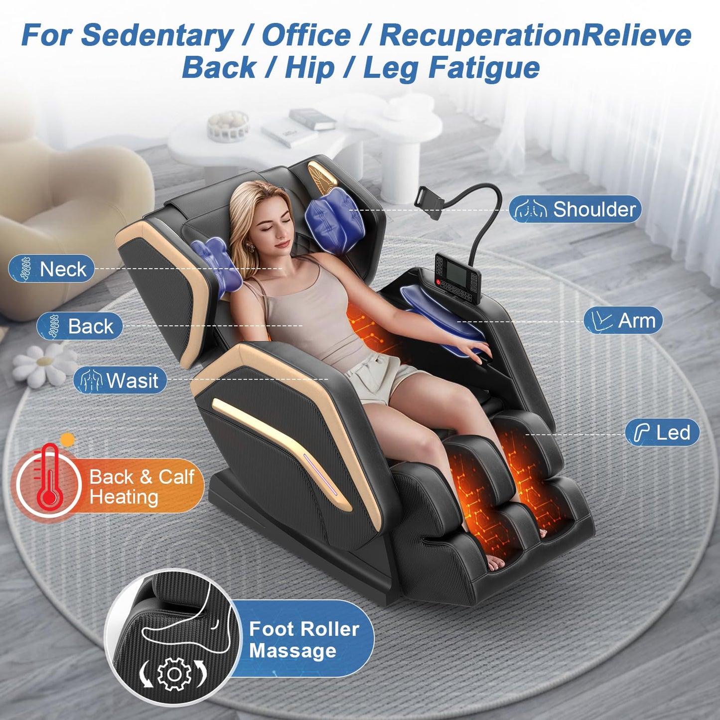NAGLIFOR Massagesessel, Ganzkörper-Massagestuhl mit 14 Rollen, 8 Airbags Massage, Heizfunktion, Fußmassage, Bluetooth-Lautsprecher, Touch-Fernbedienung