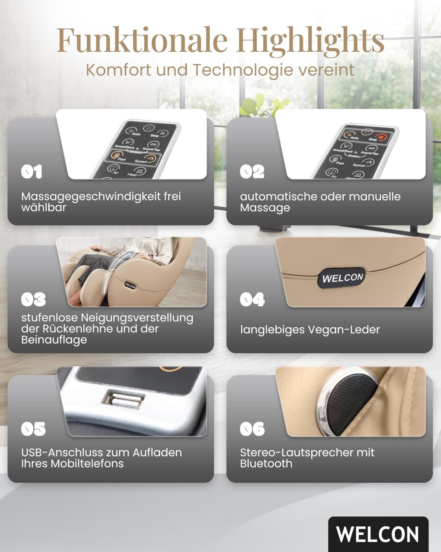 WELCON Massagesessel EASYRELAXX BEIGE - 3D Massagestuhl mit Neigungsverstellung elektrisch, Automatikprogramme Knetmassage Klopfmassage Rollenmassage Airbagmassage Sessel Massagestuhl