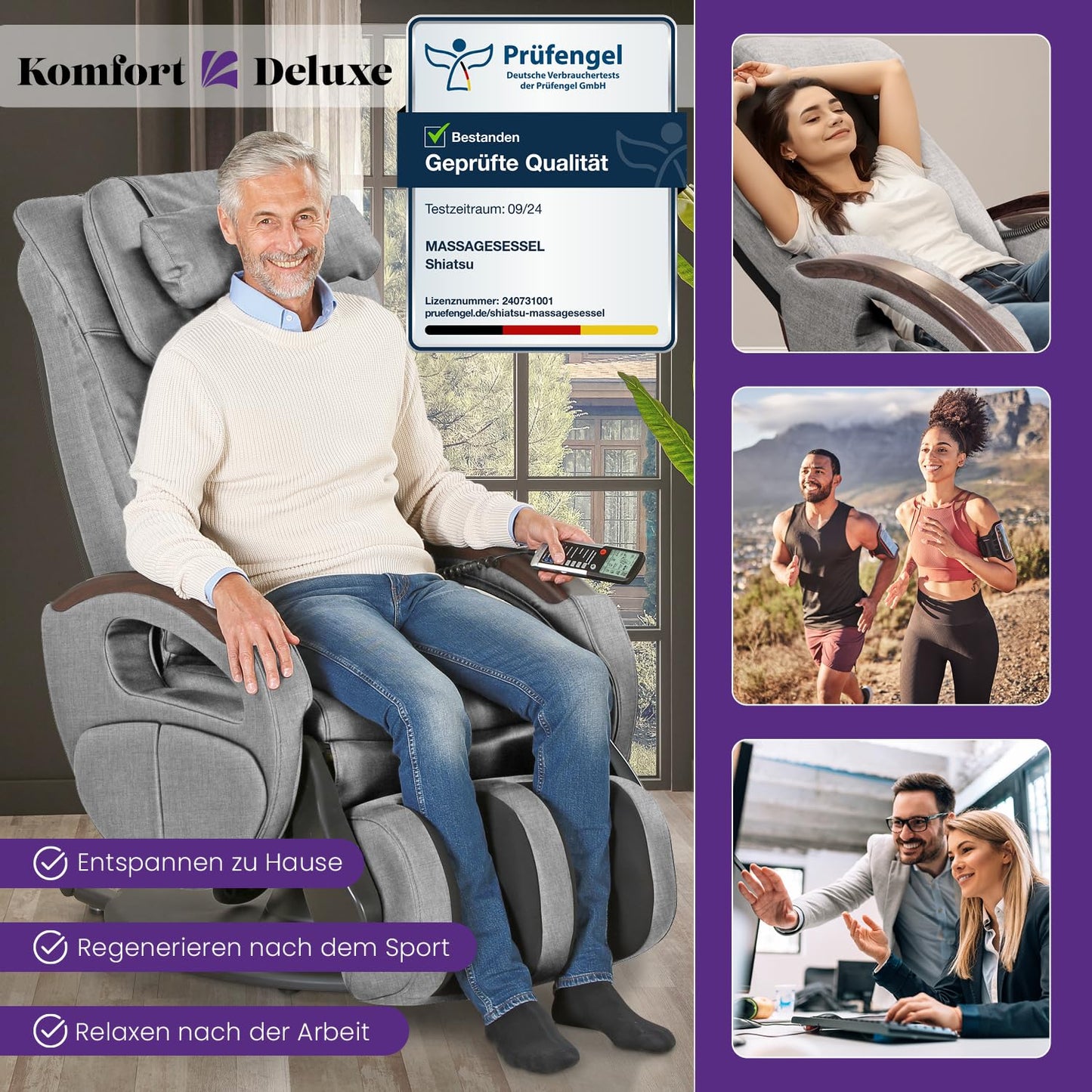 maxVitalis Shiatsu Massagesessel mit Wärmefunktion, Fernsehsessel rollbar, Drehbar, Relaxsessel elektrisch verstellbar, Shiatsu-Massage, 6 Massagearten & 6 Programme (Stoff Graumeliert)
