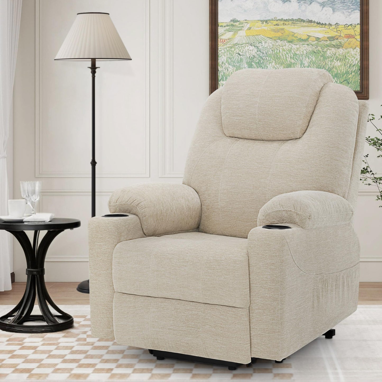 M MCombo Fernsehsessel mit Aufstehhilfe Elektrisch, Relaxsessel mit Liegefunktion bis 140°, Sessel mit Aufstehhilfe, mit Massage & Heizung, Knopf & Fernbedienung Verstellbar, 7040 (Stoff, Beige)