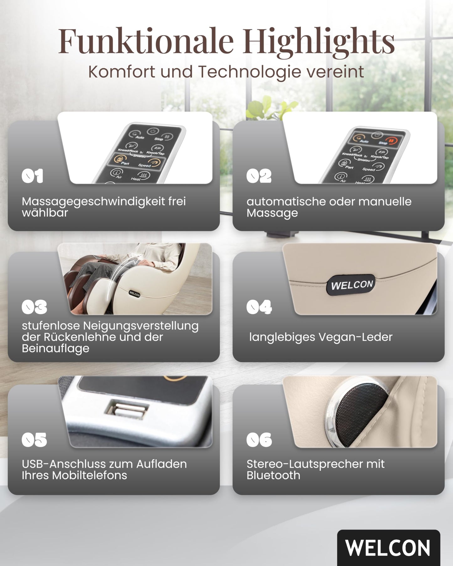 WELCON Massagesessel EASYRELAXX in beige braun mit Automatikprogrammen sowie manueller 3D Massage vom Nacken bis unter die Oberschenkel
