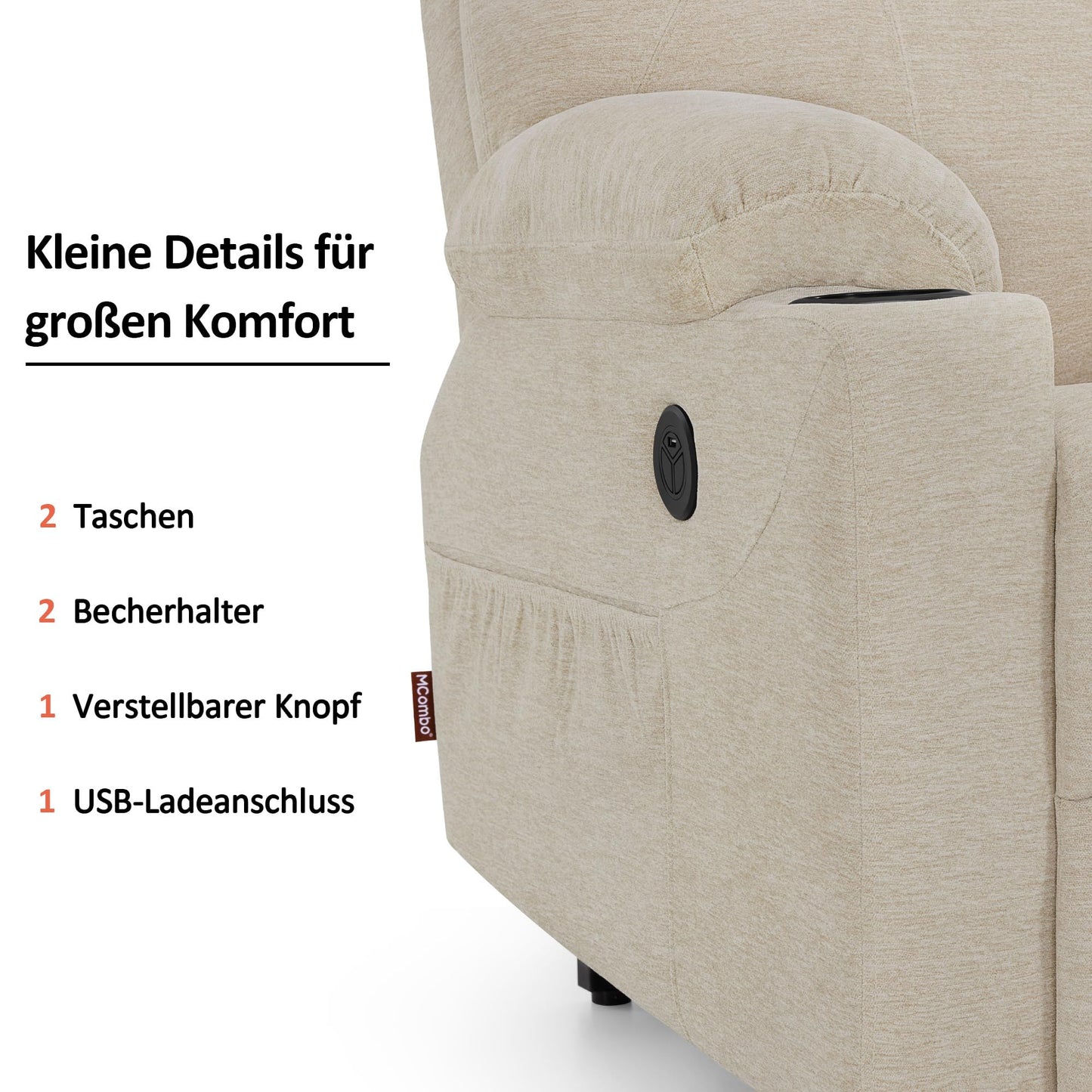 M MCombo Fernsehsessel mit Aufstehhilfe Elektrisch, Relaxsessel mit Liegefunktion bis 140°, Sessel mit Aufstehhilfe, mit Massage & Heizung, Knopf & Fernbedienung Verstellbar, 7040 (Stoff, Beige)