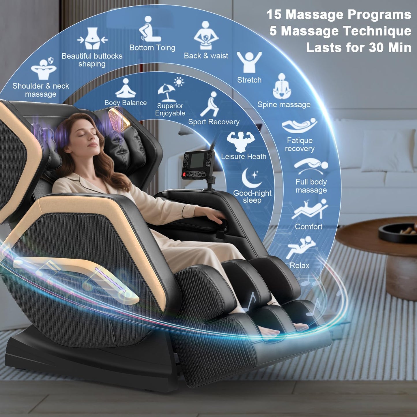 NAGLIFOR Massagesessel, Ganzkörper-Massagestuhl mit 14 Rollen, 8 Airbags Massage, Heizfunktion, Fußmassage, Bluetooth-Lautsprecher, Touch-Fernbedienung