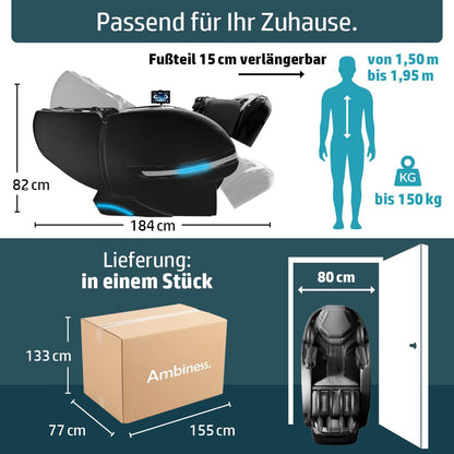 AMBINESS Massagesessel Relaxsessel YUNA | 60 Massageprogramme | deutsche Bediensprache | Zero Gravity-Funktion | 3D-Massagetechnologie Ganzkörpermassage + Wärmefunktion | Vitalwertmessung | Cognac