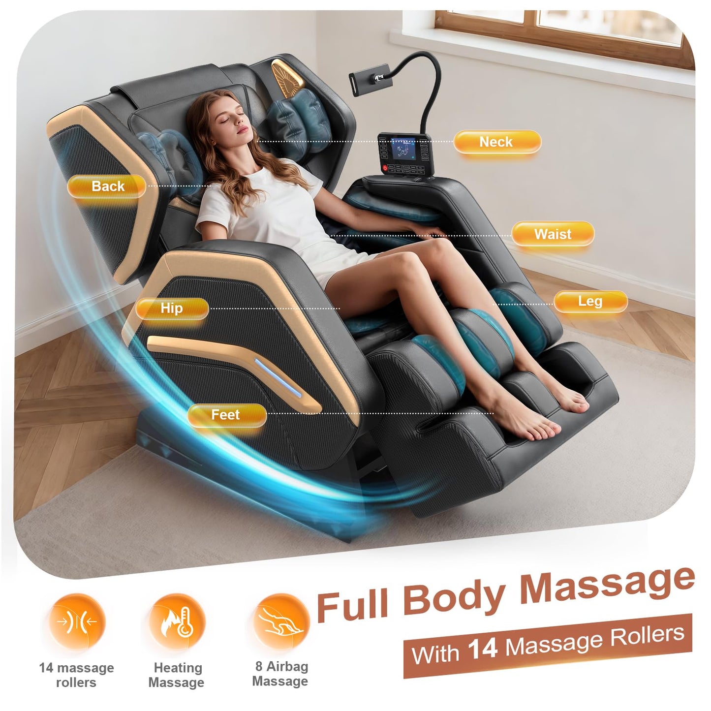 NAGLIFOR Massagesessel,Ganzkörper-Massagestuhl, 14 Massagerollen, Rücken- und Beinheizung, Fußmassage, 8 Airbags, Bluetooth-Lautsprecher, Touch-Fernbedienung für Familie und Freunde