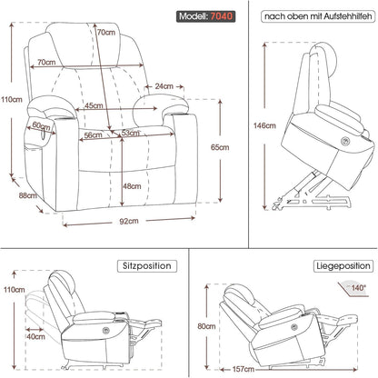 M MCombo Fernsehsessel mit Aufstehhilfe Elektrisch, Relaxsessel mit Liegefunktion bis 140°, Sessel mit Aufstehhilfe, mit Massage & Heizung, Knopf & Fernbedienung Verstellbar, 7040 (Stoff, Beige)