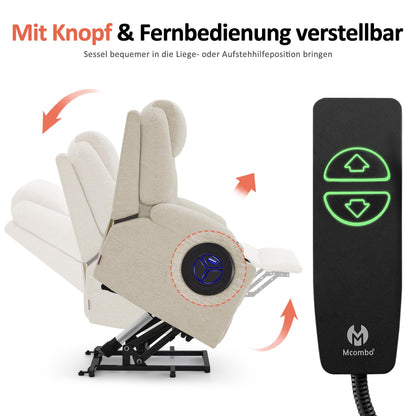 M MCombo Fernsehsessel mit Aufstehhilfe Elektrisch, Relaxsessel mit Liegefunktion bis 140°, Sessel mit Aufstehhilfe, mit Massage & Heizung, Knopf & Fernbedienung Verstellbar, 7040 (Stoff, Beige)