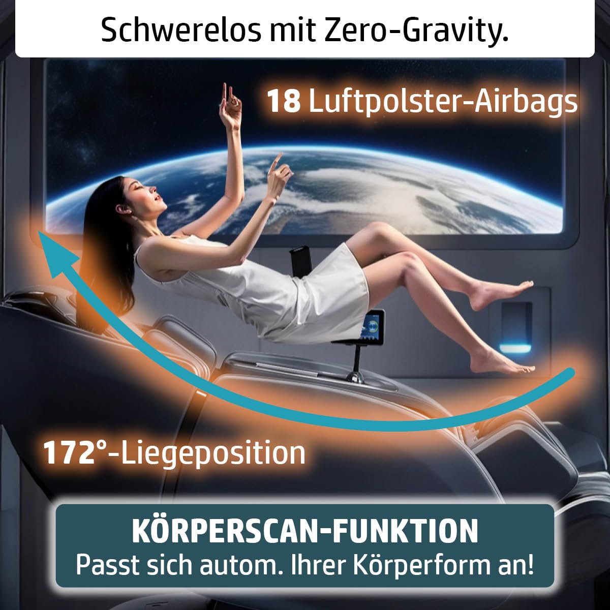 AMBINESS Massagesessel Relaxsessel YUNA | 60 Massageprogramme | deutsche Bediensprache | Zero Gravity-Funktion | 3D-Massagetechnologie Ganzkörpermassage + Wärmefunktion | Vitalwertmessung | Cognac