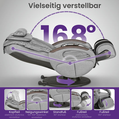 maxVitalis Shiatsu Massagesessel mit Wärmefunktion, Fernsehsessel rollbar, Drehbar, Relaxsessel elektrisch verstellbar, Shiatsu-Massage, 6 Massagearten & 6 Programme (Stoff Graumeliert)