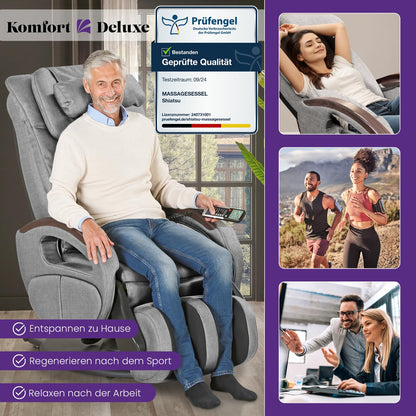 maxVitalis Shiatsu Massagesessel mit Wärmefunktion, Fernsehsessel rollbar, Drehbar, Relaxsessel elektrisch verstellbar, Shiatsu-Massage, 6 Massagearten & 6 Programme (Stoff Graumeliert)