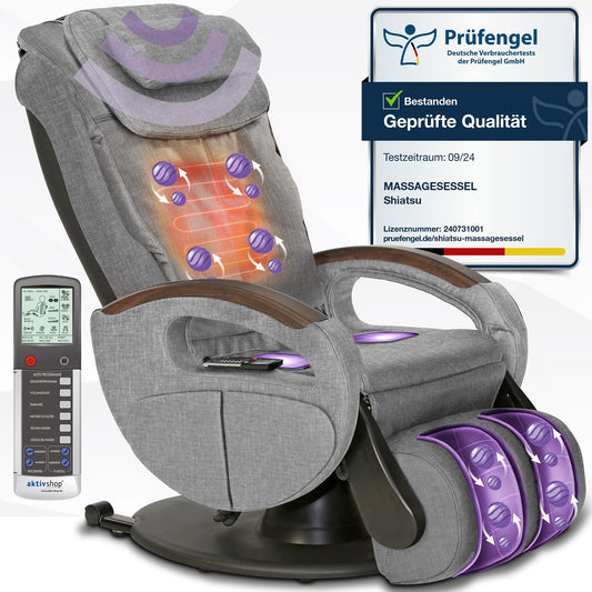 maxVitalis Shiatsu Massagesessel mit Wärmefunktion, Fernsehsessel rollbar, Drehbar, Relaxsessel elektrisch verstellbar, Shiatsu-Massage, 6 Massagearten & 6 Programme (Stoff Graumeliert)