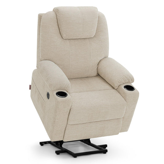 M MCombo Fernsehsessel mit Aufstehhilfe Elektrisch, Relaxsessel mit Liegefunktion bis 140°, Sessel mit Aufstehhilfe, mit Massage & Heizung, Knopf & Fernbedienung Verstellbar, 7040 (Stoff, Beige)